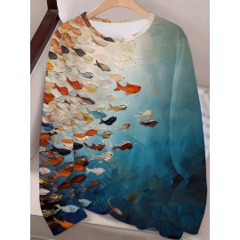 Women'S Long Sleeve Fish Print T-Shirt - Vibrant Ocean Scene with Fish, Coral & Sky Design, Breathable Round Neck Tee for Spring/Fall Casual Wear, Spring Fashion Tee | Vibrant Print Top | Comfortable Fit