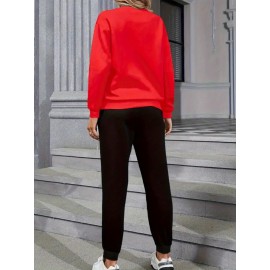 Women'S Casual Sports Fashion Bear Basketball Pattern Crew Neck Sweatshirt Set with Knit Fabric, 100% Polyester Material, Fall/Winter Season, Slight Stretch Fabric, Solid Color Pants - Athletic Loungewear Outfits