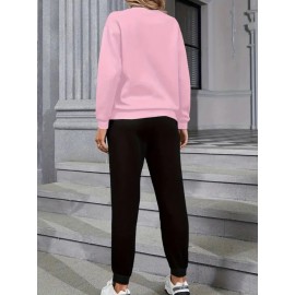 Women'S Casual Sports Fashion Bear Basketball Pattern Crew Neck Sweatshirt Set with Knit Fabric, 100% Polyester Material, Fall/Winter Season, Slight Stretch Fabric, Solid Color Pants - Athletic Loungewear Outfits