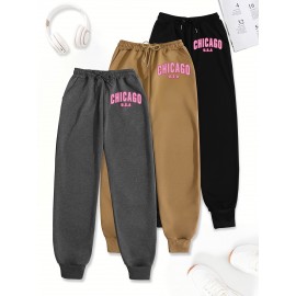 3-Pack Women'S Chicago Letter Print Sweatpants, Elastic Waist Casual Joggers, Polyester Knit, Loose Fit, Pockets, All-Season Sportswear, Adult Sizes