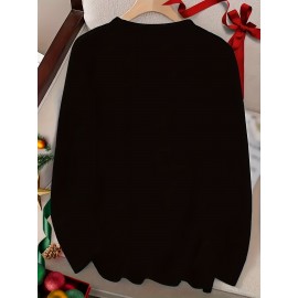 Women's Long Sleeve T-Shirt - Black Round Neck Casual Polyester Top with Geometric Applique Design, Machine Washable Holiday Apparel for Autumn Winter, Festive Clothing, Festive Design, Detailed Embroidery