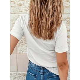 Plus Size - Women'S Plus Size Elegant Pink Breast Cancer Awareness T-Shirt - Heart & Ribbon Design, Medium Stretch Crew Neck, Short Sleeve Tee for Spring/Summer/Fall, Breast Cancer Awareness Shirts