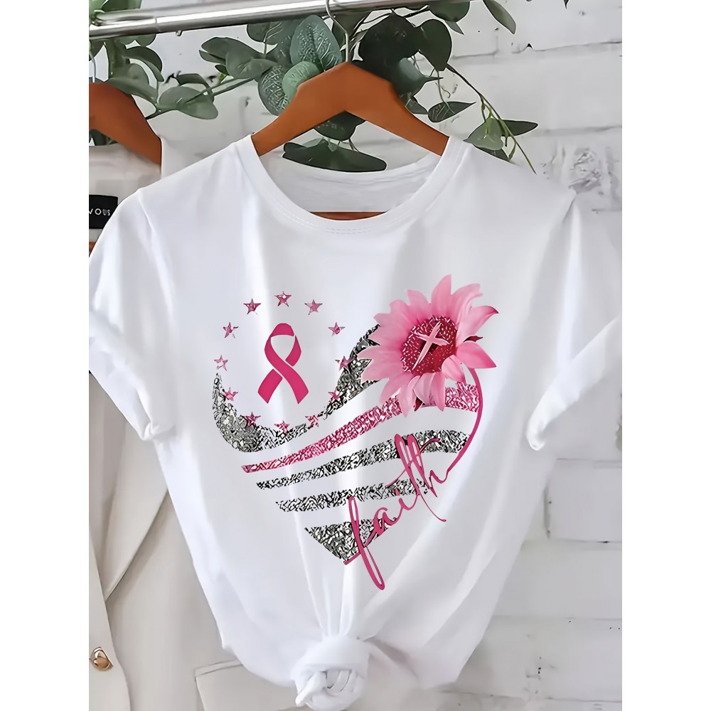 Plus Size - Women'S Plus Size Elegant Pink Breast Cancer Awareness T-Shirt - Heart & Ribbon Design, Medium Stretch Crew Neck, Short Sleeve Tee for Spring/Summer/Fall, Breast Cancer Awareness Shirts