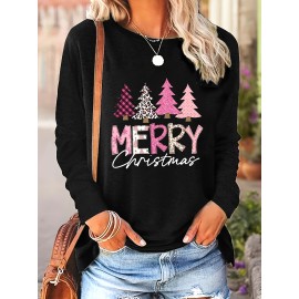 [Christmas Plus Size T-Shirt] Christmas Plus Size Women's Long Sleeve T-Shirt | Black with Pink Merry Christmas Script & Tree Design | Casual Holiday Party Top | Machine Washable Everyday Winter Outfit Essential