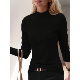 Plus Size - Plus Size - Women'S Plus Size Casual High Neck Long Sleeve Top Set - 3pcs, Solid Color, Medium Stretch, Vacation Style, Fall/Winter Collection, Casual Attire|Vacation Style|Stretchy Fabric