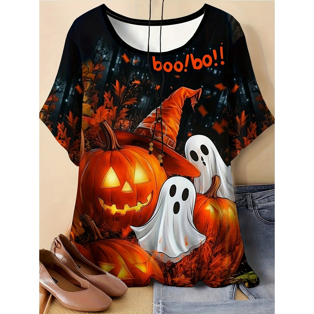 [Women's Halloween T-Shirt] Plus Size - Women's 3D Print Halloween T-Shirt - Spooky Witch & Pumpkin Design, Breathable Short Sleeve Crew Neck, Machine Washable, Soft Fabric, Perfect for Fall & Halloween Celebrations, Halloween Shirts