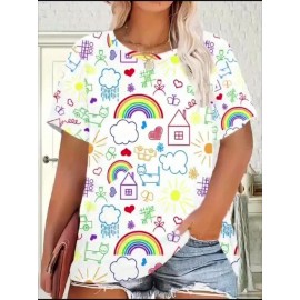 Plus Size - Fun Graffiti 3D Print, Comfortable And Breathable Elastic Fabric, Casual Loose Fit, Machine Washable Round Neck Short Sleeve T-Shirt, Suitable for Spring, Summer, And Autumn Outdoor And Weekend Gatherings.