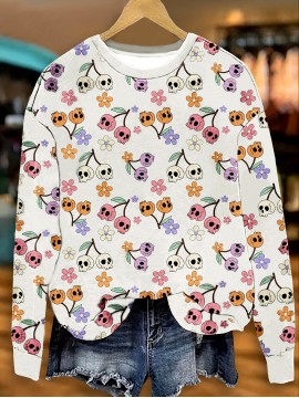 Plus Size - Women'S Plus Size Halloween Graphic Sweatshirt - Casual Crew Neck Pullover with Skull & Pumpkin Print, White with Black & Orange Design, Short Sleeve, All-Season Comfort Fit, Halloween Sweatshirt