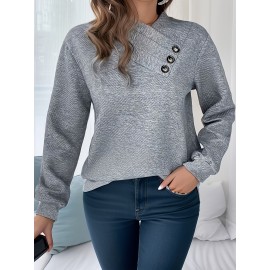 Plus Size, Autumn and Winter New Large Size Women's Button-Decorated Pullover Solid Color Casual Comfortable Long Sleeve Textured Design Sweatshirt