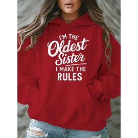 Women'S Plus Size Casual Hoodie with Pockets, Oversized Alphabet Print Long-Sleeve Pullover, 100% Polyester Knit Fabric, Slight Stretch, Fall/Winter Fashion Top