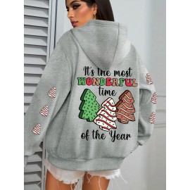 Winter Warmth | Women's Plus Size Christmas Tree Print Hoodie - Cozy Long Sleeve Pullover with Pockets, Festive 