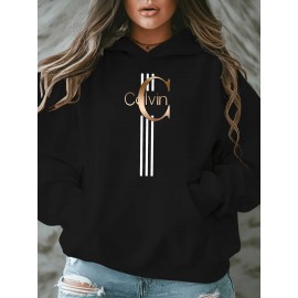 Calvin s Plus Size Oversized Hooded Sweatshirt - Light Grey with Black Letter 'C' & Golden Stripes Print, Cozy Fleece Pullover with Pockets, Women's Autumn Winter Casual Clothing, Autumn Winter Apparel, Comfortable Sweatshirt