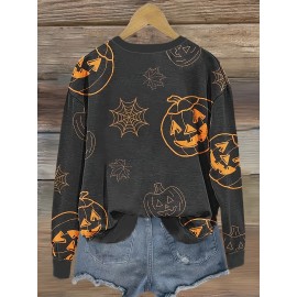 Plus Size, Women's Plus Size Halloween Sweatshirt - Black & Orange Jack-O'-Lantern Pumpkin Spiderweb Graphic Pullover - Cozy Fall Party Outfit - Machine Washable Casual Halloween Top for Women
