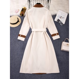 Elegant Beige & Black Color Block Trench Coat with Lapel Collar - Long Sleeve, Mid-Length, Button-Up Outerwear for Women, Perfect for Fall 2025, Stylish Commuter Wear | Chic Lapel Collar | Structured Design