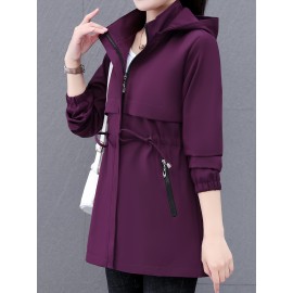 Women's Casual Korean-Inspired Windbreaker Jacket - Mid-Length Adjustable Drawstring Waist, Stand Collar & Zipper Front, Solid Color Spring/Fall Outerwear for Urban Commute & Casual Outings