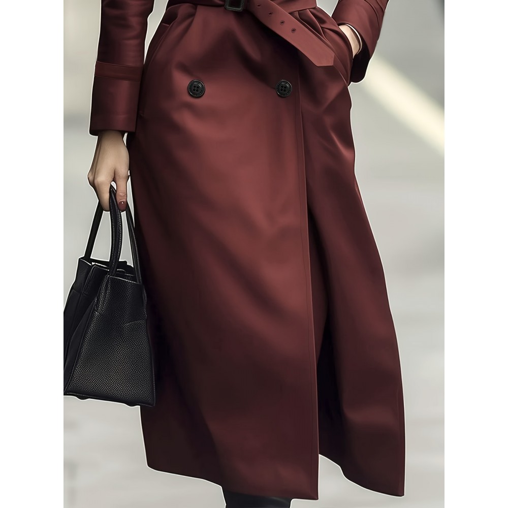 [Elegant Trench Coat] Elegant British Trench Coat | Women's Long Windbreaker with Belt, Non-Stretchy Formal & Everyday Outerwear, Machine Washable Fall Winter Coat in Burgundy/Red/Black - Special Line Collection