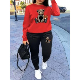 Women'S Casual Sports Fashion Bear Basketball Pattern Crew Neck Sweatshirt Set with Knit Fabric, 100% Polyester Material, Fall/Winter Season, Slight Stretch Fabric, Solid Color Pants - Athletic Loungewear Outfits
