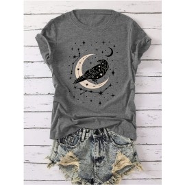 Women'S Vintage Gothic T-Shirt - Soft Pink Pastel Tee with Crow & Crescent Moon Graphic - Everyday & Special Occasion Top - Sizes S-XXL - Casual Gothic Apparel for Women, Goth T Shirt, Allseason Clothing, Comfortable Fit Shirt