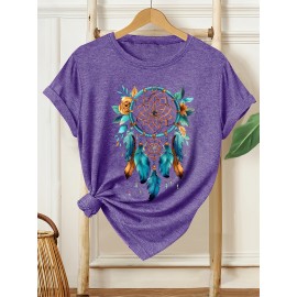 [Dreamcatcher T-Shirt] Bohemian Dreamcatcher Women's T-Shirt | Casual Loose Fit Round Neck Short Sleeve Top, Breathable Machine-Washable Fabric for Summer Vacation & Casual Attire, Multi-Color Options S-XXL
