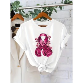 Plus Size, Women's Breast Cancer Awareness T-Shirt - Non-Transparent Black Top with Pink Boxing Gloves, Charity Event Apparel for, Survivor Gifts - Machine Washable Summer Shirt, Wear, Geometric Print, Comfortable Fabric, Casual Wear, Gift Shoppers