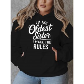 Women'S Plus Size Casual Hoodie with Pockets, Oversized Alphabet Print Long-Sleeve Pullover, 100% Polyester Knit Fabric, Slight Stretch, Fall/Winter Fashion Top