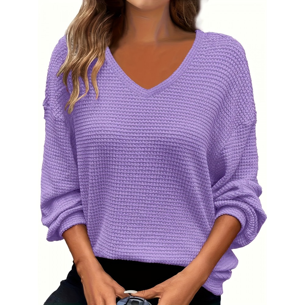 Plus Size - Plus Size V-Neck Pullover Sweatshirt - Soft Stretchy Casual Elegant Long Sleeve Top, Solid Color Spring/Fall Layering Essential for Women & Men, Comfortable Casual Attire, Relaxed Fit, Medium Elasticity